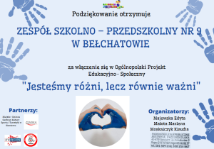 Certyfikat uczestnictwa w projekcie ogólnopolskim - jestesmy różni, lecz równie ważni.